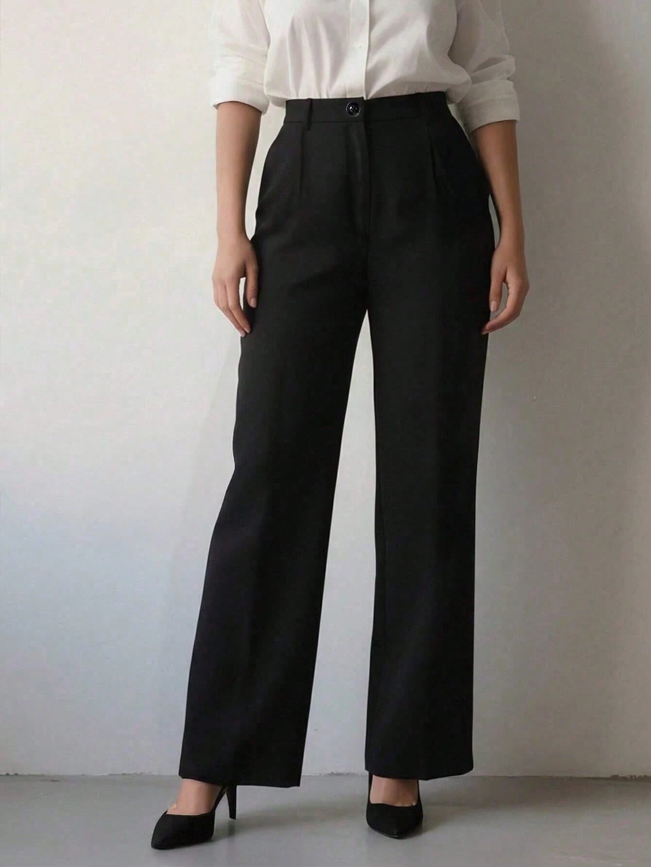 Plus Size Women Solid Color Lapel Loose Casual Pants, Suitable For Spring And Autumn White Fall