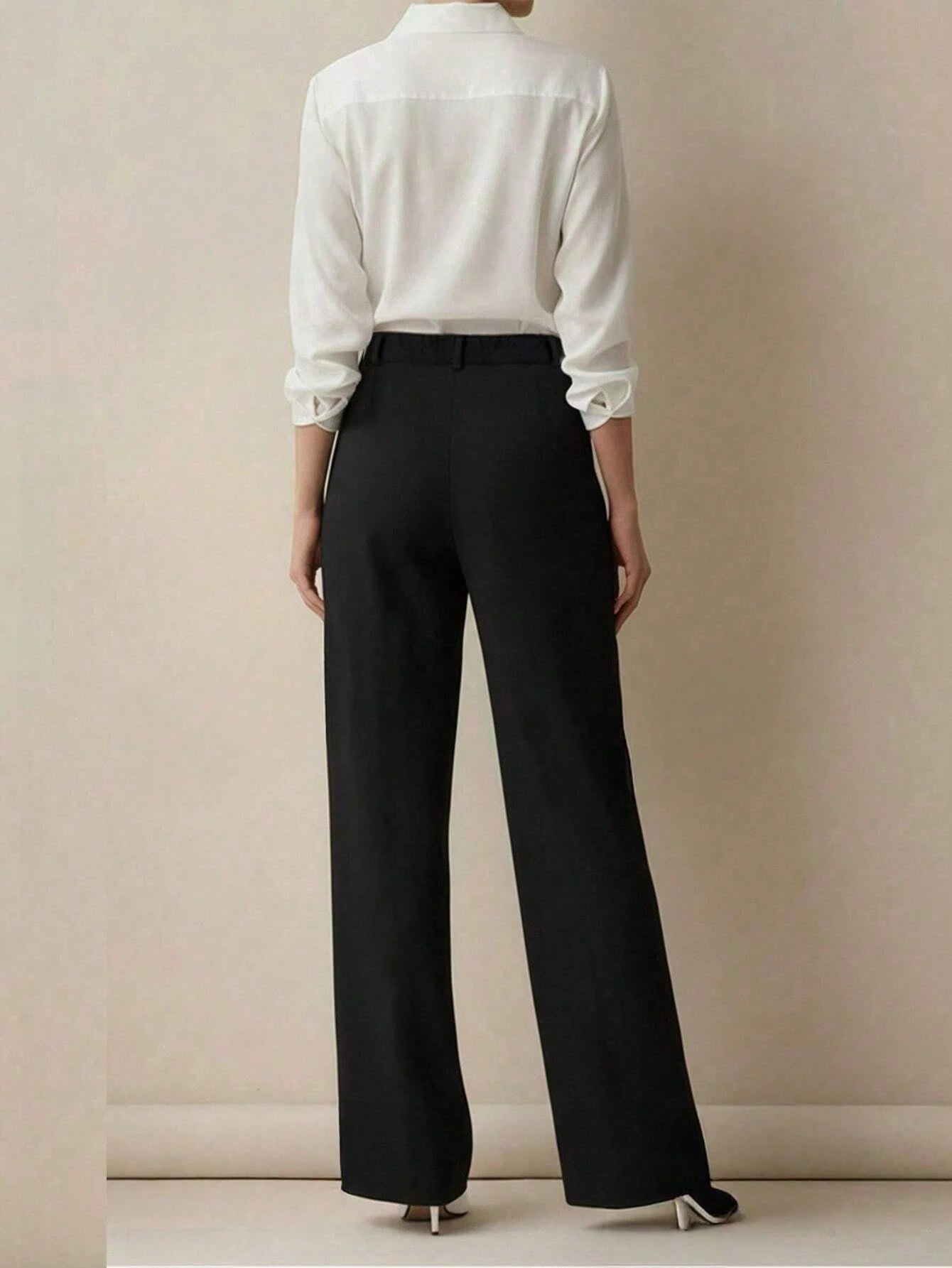Plus Size Women Solid Color Lapel Loose Casual Pants, Suitable For Spring And Autumn White Fall