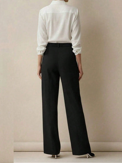 Plus Size Women Solid Color Lapel Loose Casual Pants, Suitable For Spring And Autumn White Fall