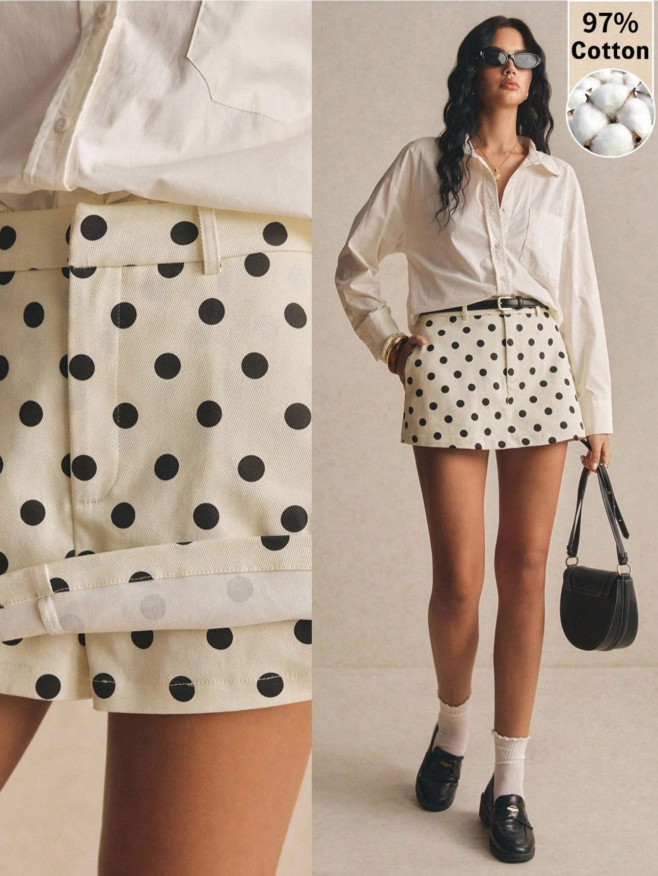 Poéselle Women's Black White Polka Dot Belted Casual Chic A-Line Skirt,Retro Vintage 70s Summer Old Money Vacation Outfits,Back-To-School School Party Shorts
