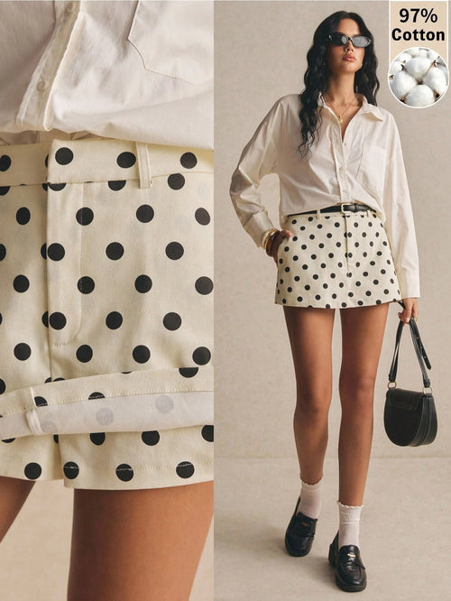 Poéselle Women's Black White Polka Dot Belted Casual Chic A-Line Skirt,Retro Vintage 70s Summer Old Money Vacation Outfits,Back-To-School School Party Shorts