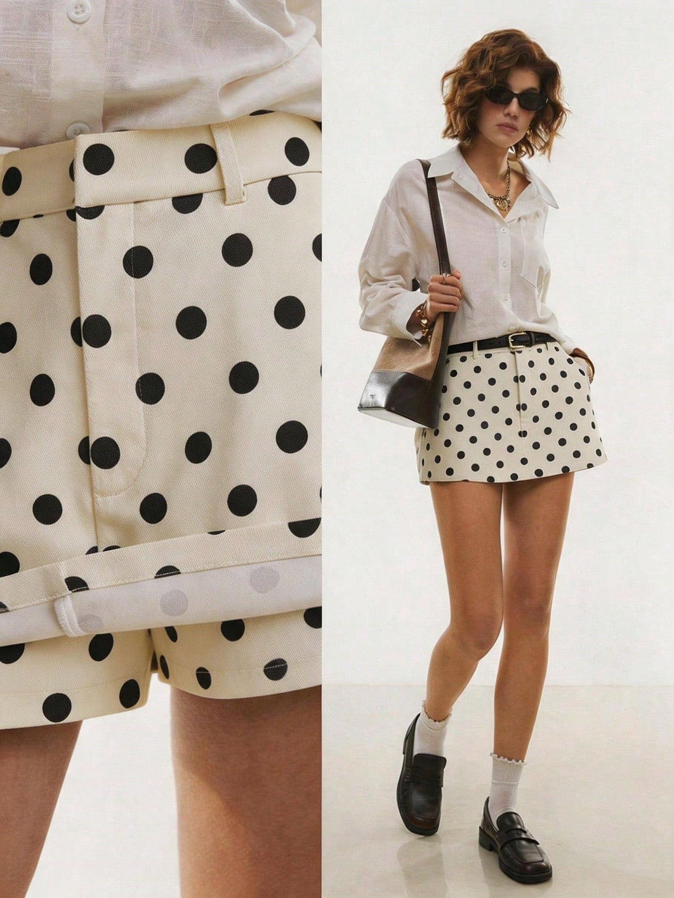 Poéselle Women's Black White Polka Dot Belted Casual Chic A-Line Skirt,Retro Vintage 70s Summer Old Money Vacation Outfits,Back-To-School School Party Shorts