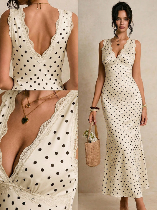 Poéselle Women's Elegant French Lace Polka Dot Patchwork Dress