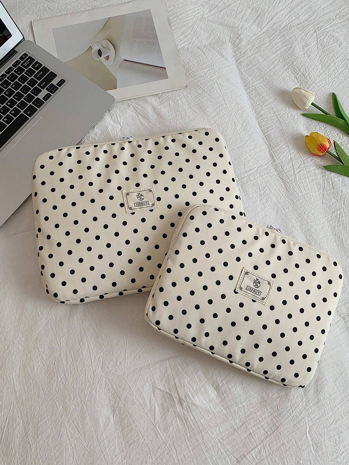 Polka Dot Print Waterproof Laptop Sleeve 13/14/15 Inch Laptop Protective Case Portable Zipper Design Women's Commuter Work Bag, Laptop Bag For Women