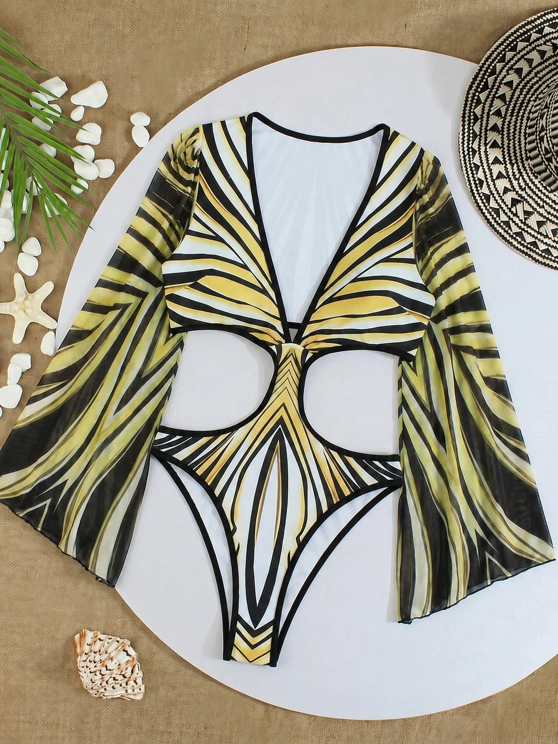 Polovedo Official, 2026 Summer New, Women's Deep V-Neck Patchwork, Pale Yellow, Fashion Casual Beach Date Vacation Flare Sleeve One-Piece Swimsuit