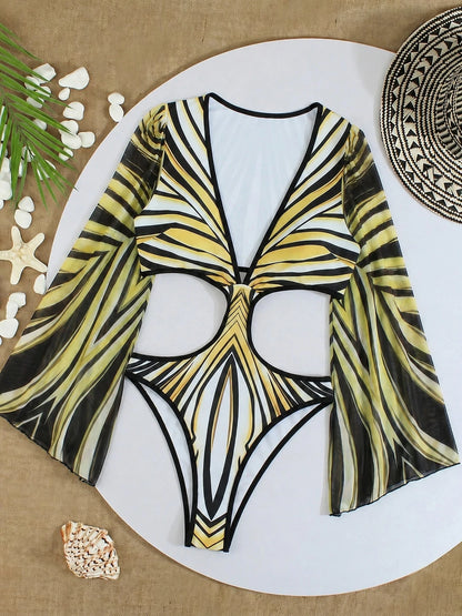 Polovedo Official, 2026 Summer New, Women's Deep V-Neck Patchwork, Pale Yellow, Fashion Casual Beach Date Vacation Flare Sleeve One-Piece Swimsuit