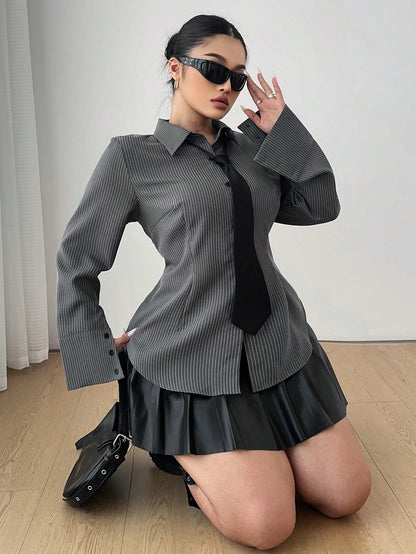 POPSWAY Plus Size Women Gray Striped Long Sleeve Single Breasted Casual Shirt Fall Cloth For Women