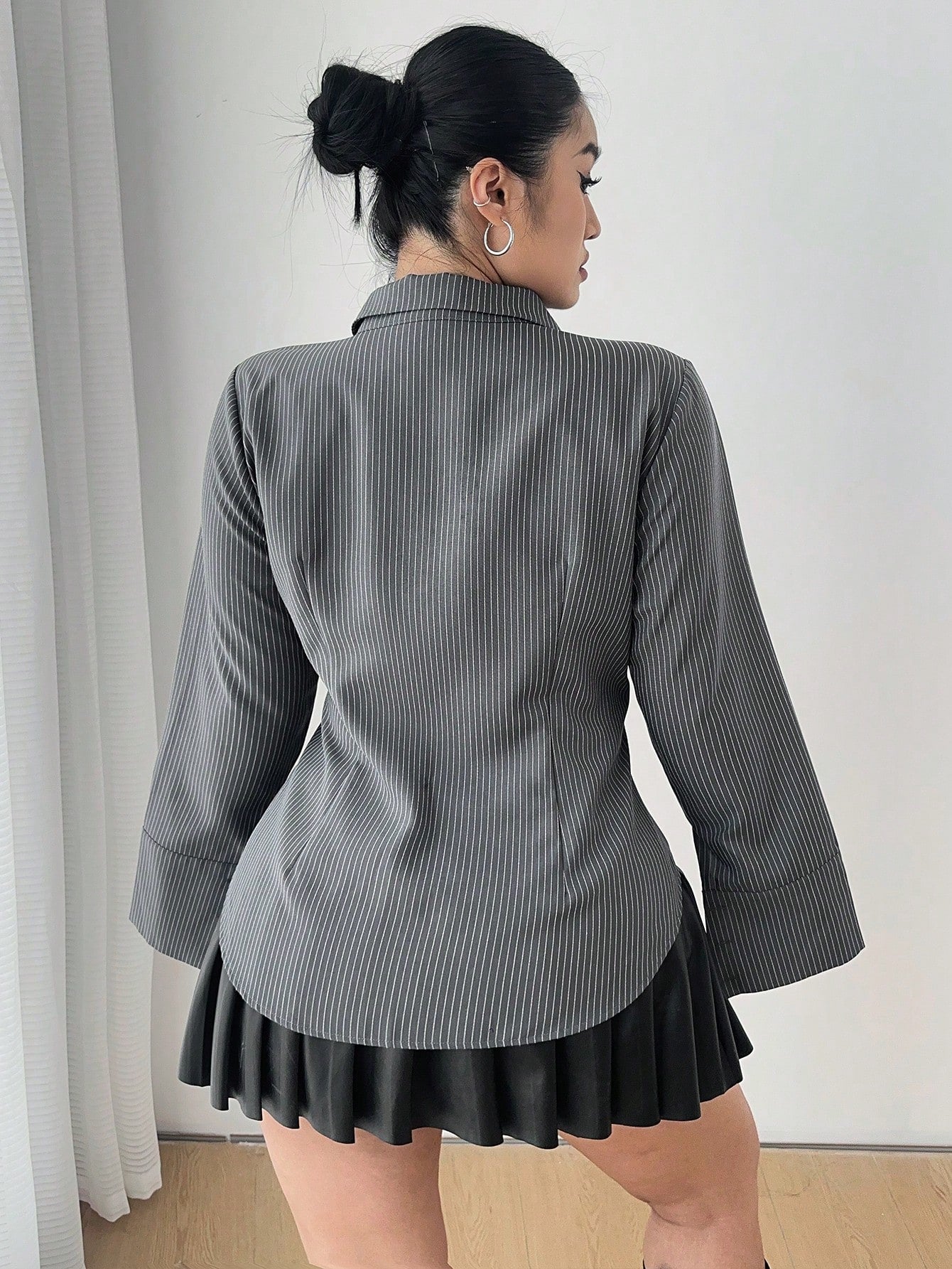 POPSWAY Plus Size Women Gray Striped Long Sleeve Single Breasted Casual Shirt Fall Cloth For Women