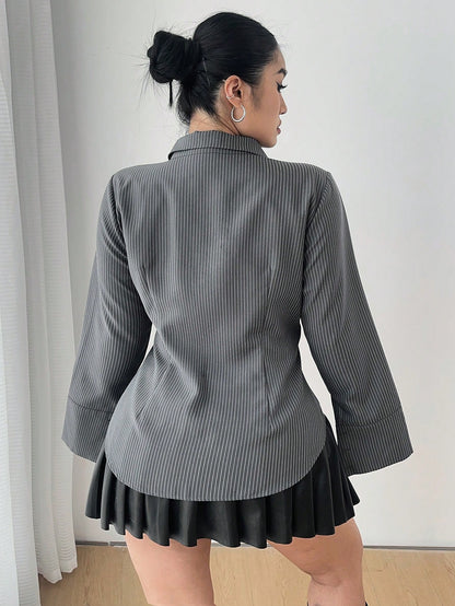 POPSWAY Plus Size Women Gray Striped Long Sleeve Single Breasted Casual Shirt Fall Cloth For Women