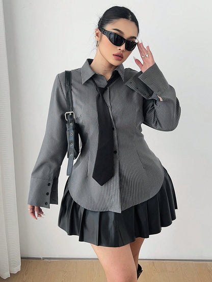 POPSWAY Plus Size Women Gray Striped Long Sleeve Single Breasted Casual Shirt Fall Cloth For Women