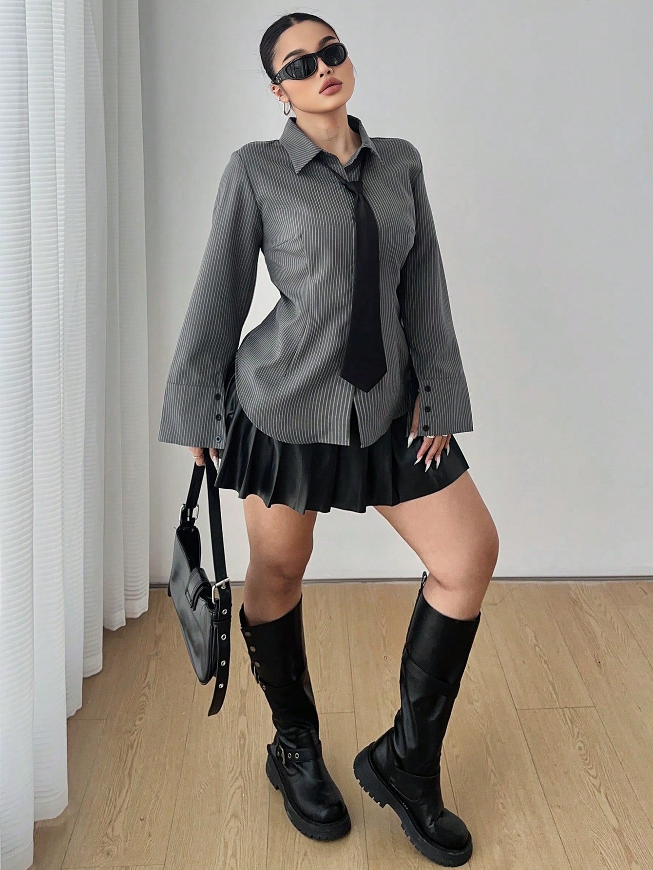 POPSWAY Plus Size Women Gray Striped Long Sleeve Single Breasted Casual Shirt Fall Cloth For Women