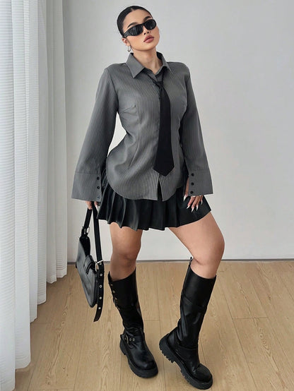 POPSWAY Plus Size Women Gray Striped Long Sleeve Single Breasted Casual Shirt Fall Cloth For Women