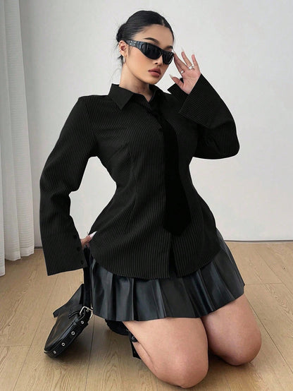 POPSWAY Plus Size Women Gray Striped Long Sleeve Single Breasted Casual Shirt Fall Cloth For Women