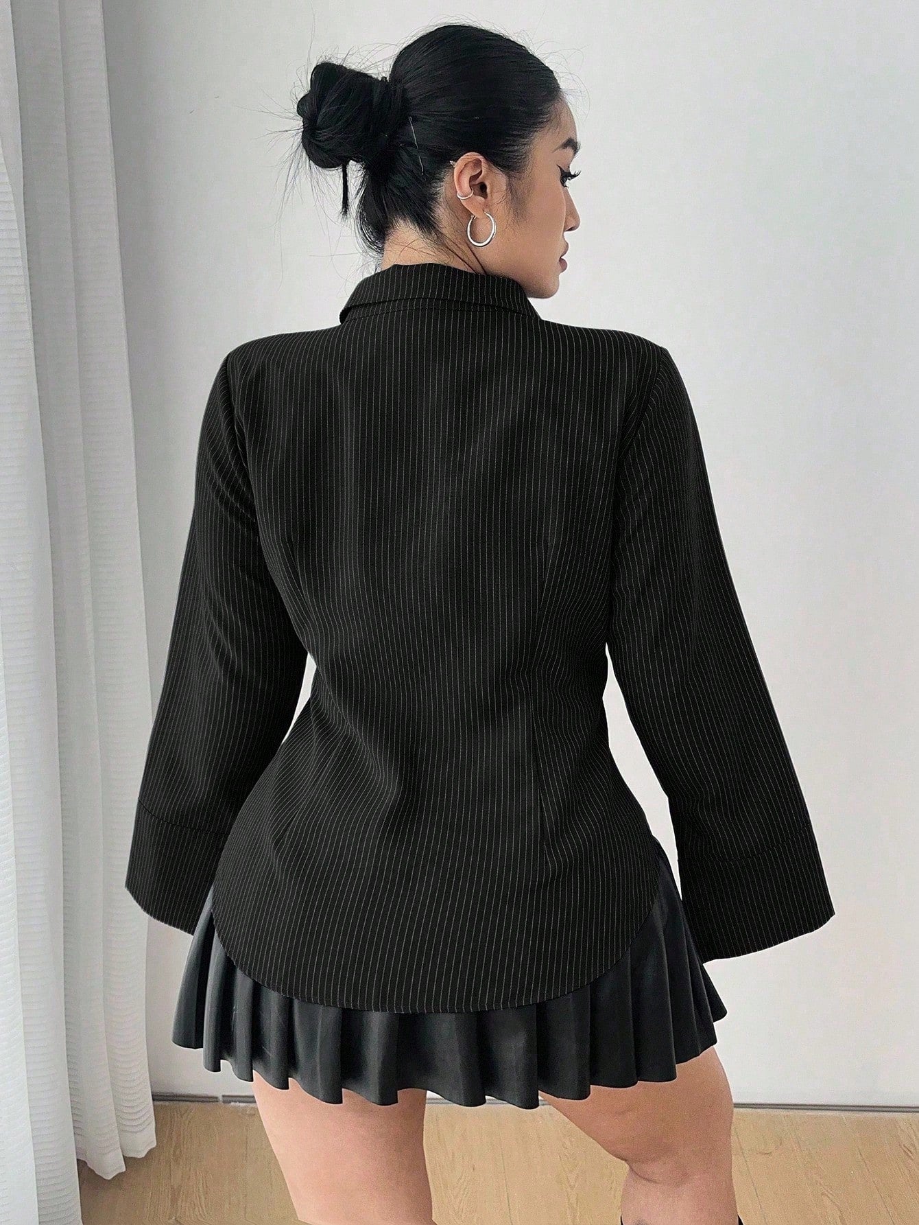 POPSWAY Plus Size Women Gray Striped Long Sleeve Single Breasted Casual Shirt Fall Cloth For Women