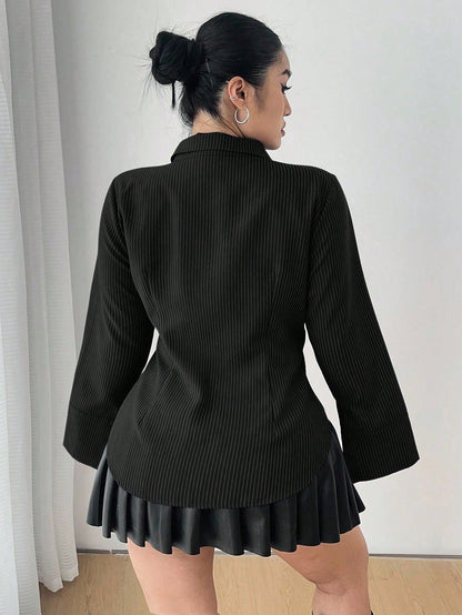 POPSWAY Plus Size Women Gray Striped Long Sleeve Single Breasted Casual Shirt Fall Cloth For Women
