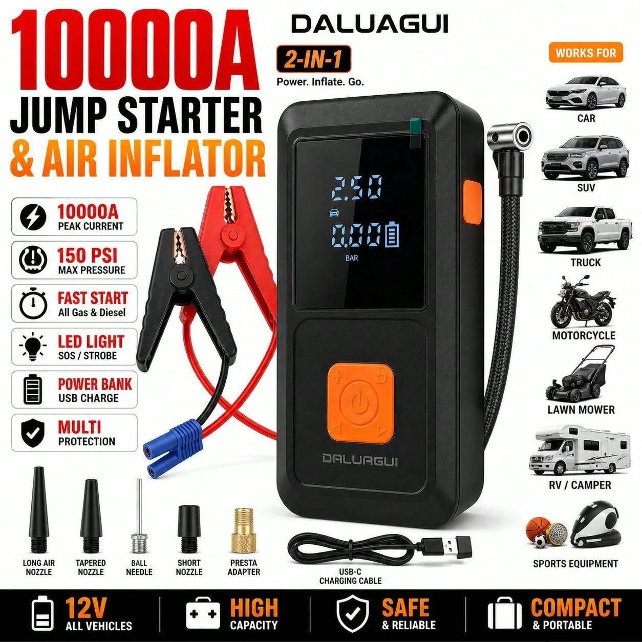 Portable 9-In-1 Emergency Jump Starter With Built-In Tire Inflator, 150PSI Max Pressure, 6000mAh Battery And LED Light, Ideal For Car Tires, Bikes, Sports Balls And Swimming Floats
