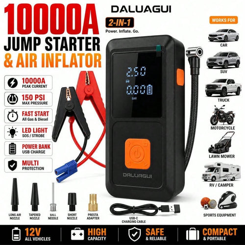 Portable 9-In-1 Emergency Jump Starter With Built-In Tire Inflator, 150PSI Max Pressure, 6000mAh Battery And LED Light, Ideal For Car Tires, Bikes, Sports Balls And Swimming Floats