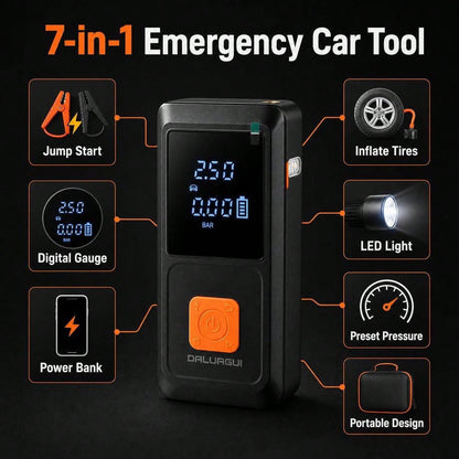 Portable 9-In-1 Emergency Jump Starter With Built-In Tire Inflator, 150PSI Max Pressure, 6000mAh Battery And LED Light, Ideal For Car Tires, Bikes, Sports Balls And Swimming Floats