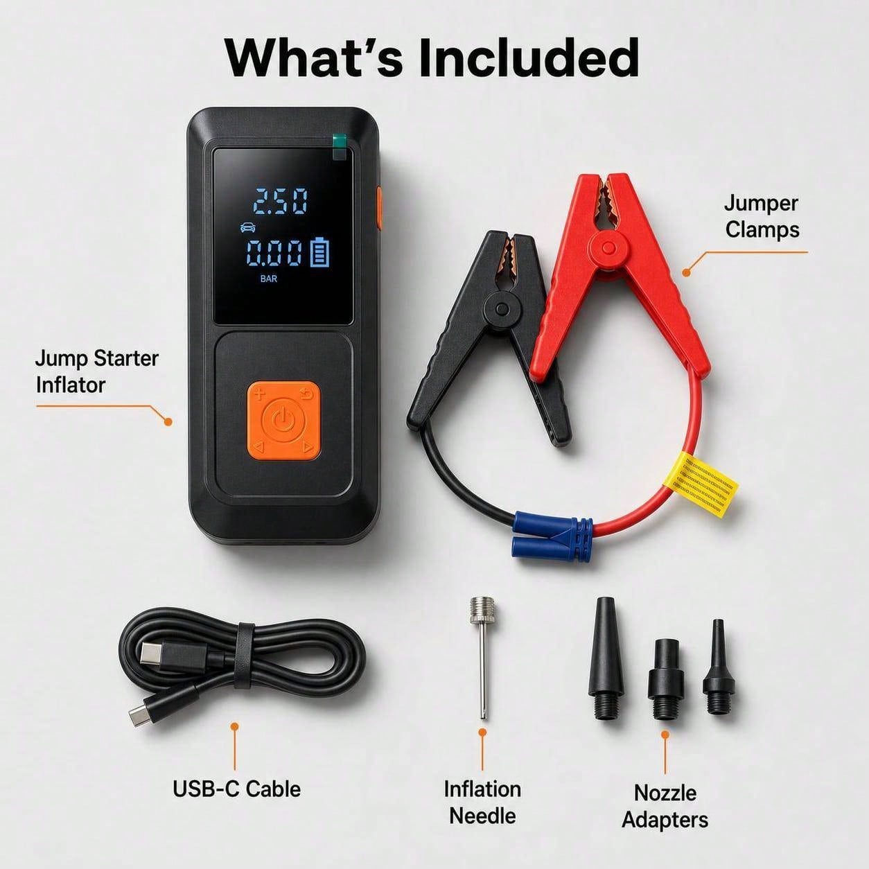 Portable 9-In-1 Emergency Jump Starter With Built-In Tire Inflator, 150PSI Max Pressure, 6000mAh Battery And LED Light, Ideal For Car Tires, Bikes, Sports Balls And Swimming Floats