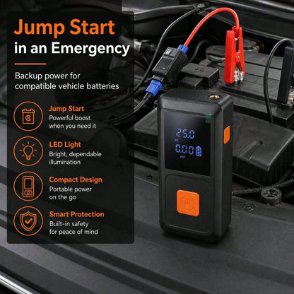 Portable 9-In-1 Emergency Jump Starter With Built-In Tire Inflator, 150PSI Max Pressure, 6000mAh Battery And LED Light, Ideal For Car Tires, Bikes, Sports Balls And Swimming Floats