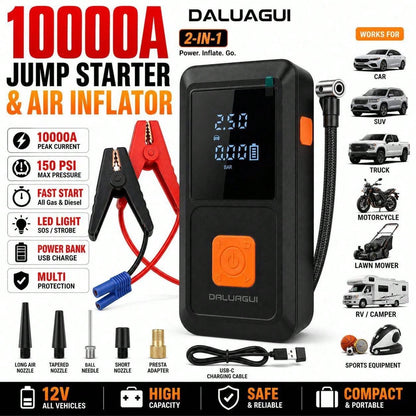 Portable 9-In-1 Emergency Jump Starter With Built-In Tire Inflator, 150PSI Max Pressure, 6000mAh Battery And LED Light, Ideal For Car Tires, Bikes, Sports Balls And Swimming Floats