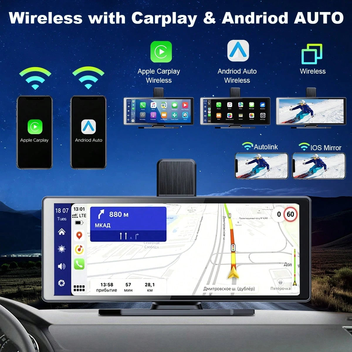 Portable Carplay Screen For Car, 7 Inch IPS Touchscreen Car Stereo Support Wireless Carplay Android Auto Autoradio Support MirrorLink FM AUX