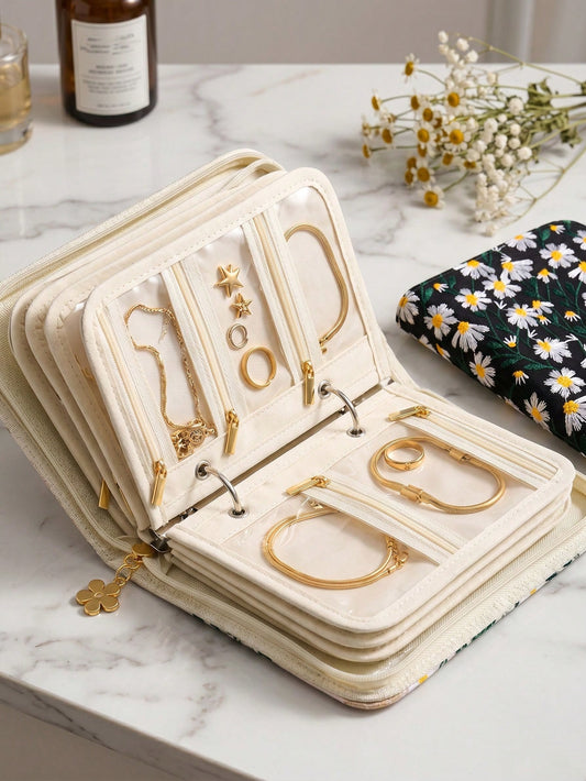 Portable Embroidered Travel Jewelry Organizer Book, Removable Storage Pages With Clear Zipper Velvet Pouches For Earrings, Rings, Necklaces & Bracelets