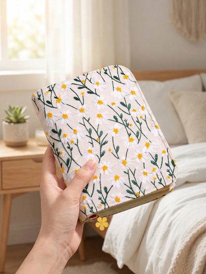 Portable Embroidered Travel Jewelry Organizer Book, Removable Storage Pages With Clear Zipper Velvet Pouches For Earrings, Rings, Necklaces & Bracelets