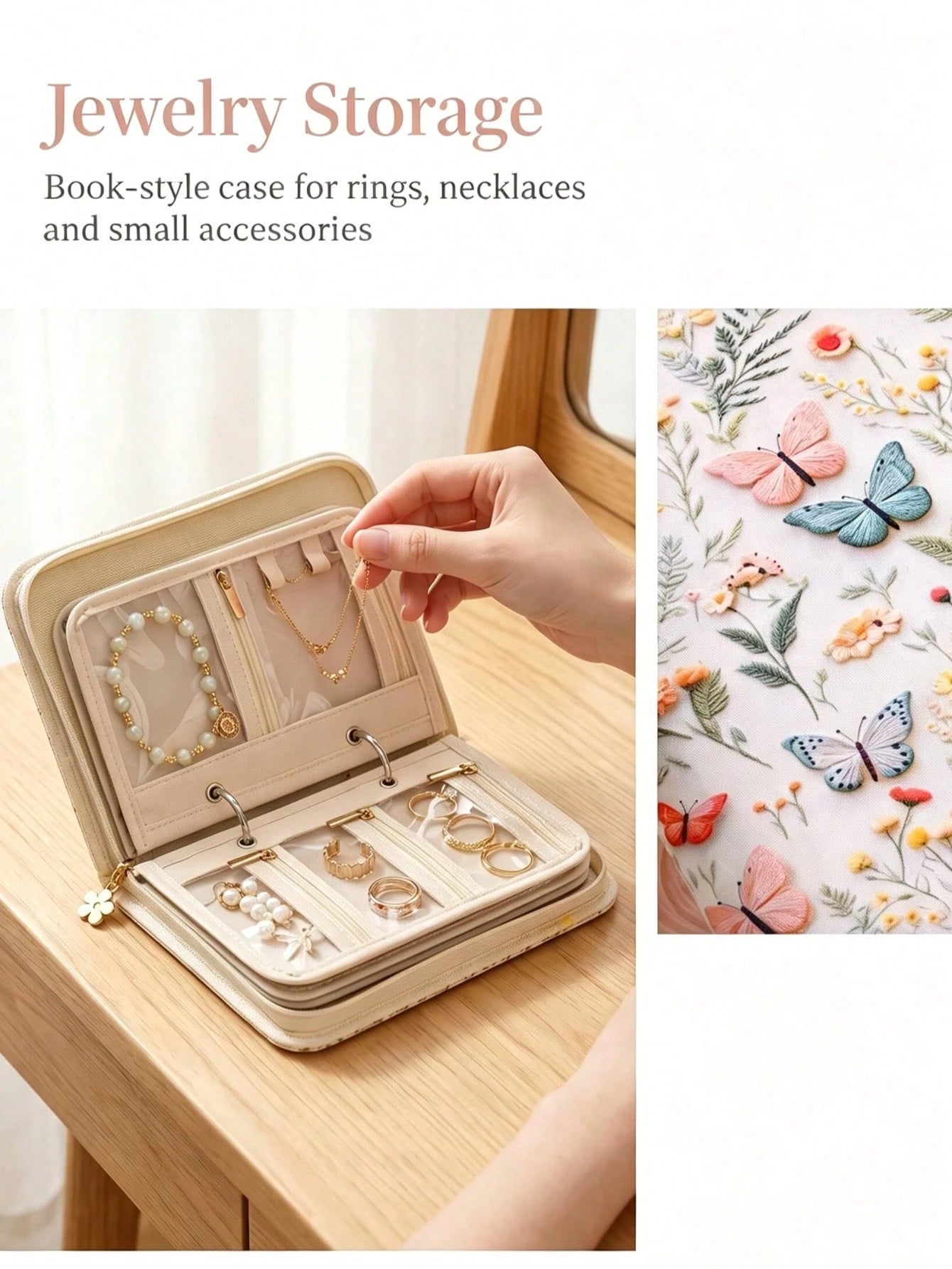 Portable Embroidered Travel Jewelry Organizer Book, Removable Storage Pages With Clear Zipper Velvet Pouches For Earrings, Rings, Necklaces & Bracelets