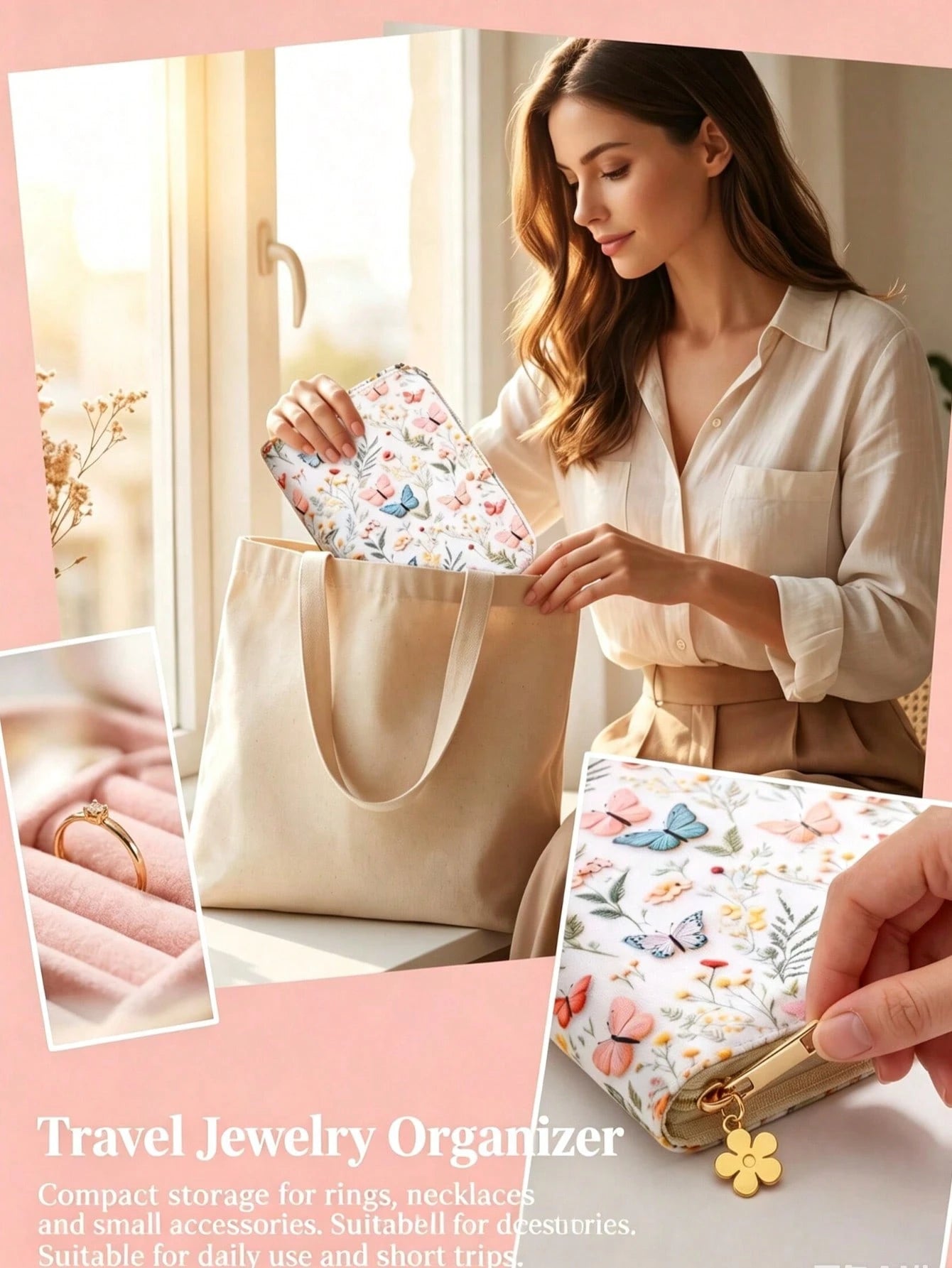 Portable Embroidered Travel Jewelry Organizer Book, Removable Storage Pages With Clear Zipper Velvet Pouches For Earrings, Rings, Necklaces & Bracelets