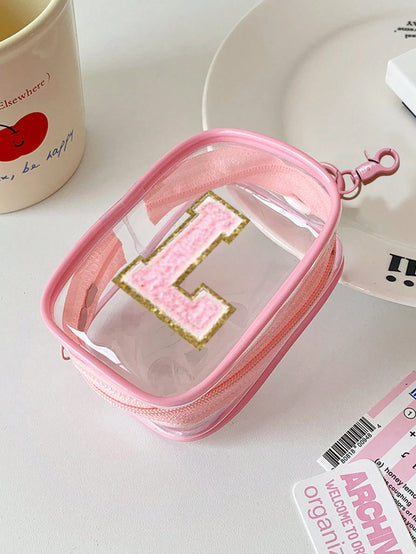 Portable Mini Transparent Zipper Storage Bag, Towel Embroidered Letter, Small Multi-Function Storage Bag, Earphone & Charger Storage Box With Keychain, Transparent Travel Accessories, Exquisite And Co