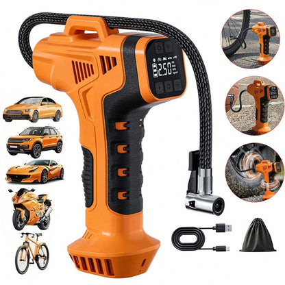 Portable Tire Inflator Pump – Wireless Car Motorcycle Bicycle Air Compressor, Digital Pressure Gauge, Fast Inflation, Auto Stop, LED Light, Multi-Purpose Electric Pump 7.4V 1500MAH
