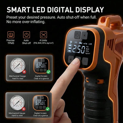 Portable Tire Inflator Pump – Wireless Car Motorcycle Bicycle Air Compressor, Digital Pressure Gauge, Fast Inflation, Auto Stop, LED Light, Multi-Purpose Electric Pump 7.4V 1500MAH