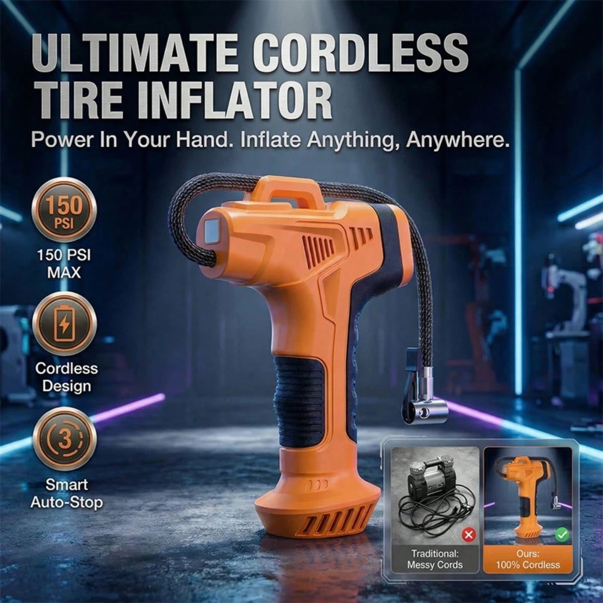 Portable Tire Inflator Pump – Wireless Car Motorcycle Bicycle Air Compressor, Digital Pressure Gauge, Fast Inflation, Auto Stop, LED Light, Multi-Purpose Electric Pump 7.4V 1500MAH