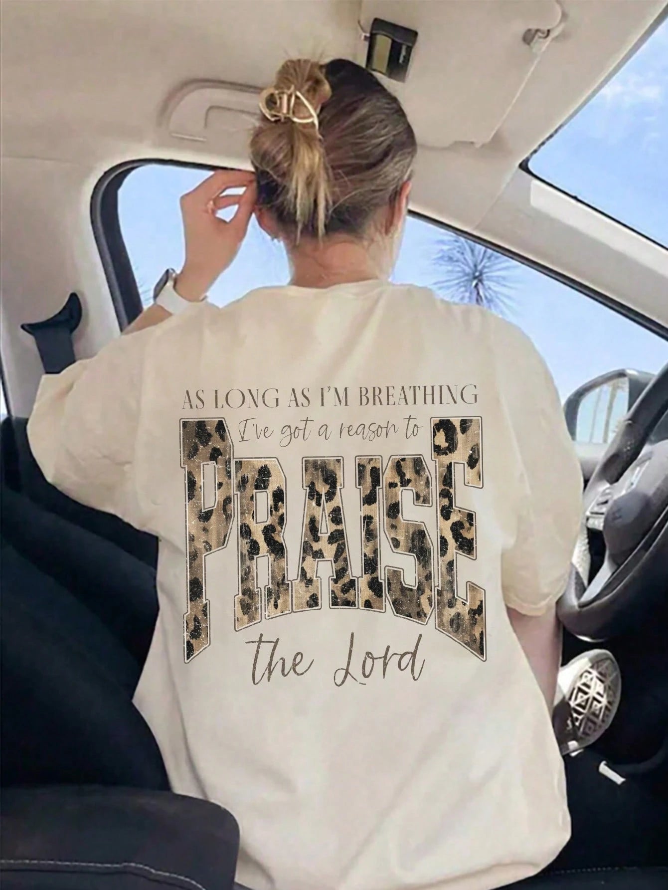 Praise The Lord Leopard Graphic T-Shirt, Christian Casual Round Neck Short Sleeve Tee For Women Summer