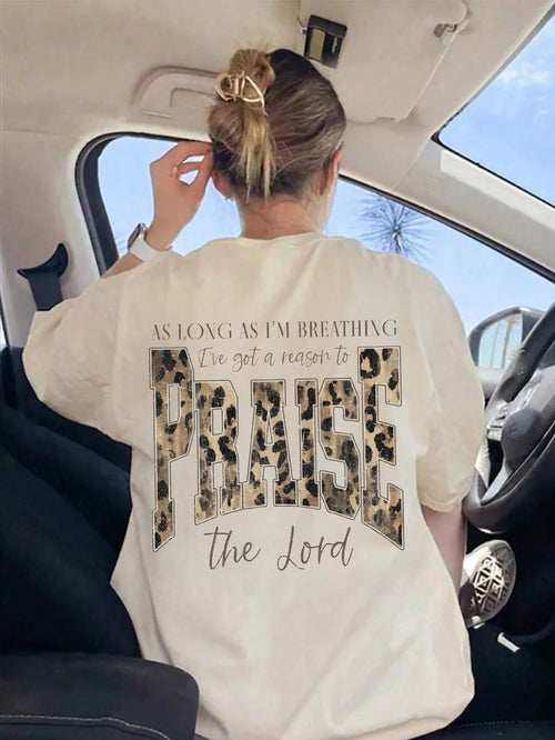 Praise The Lord Leopard Graphic T-Shirt, Christian Casual Round Neck Short Sleeve Tee For Women Summer