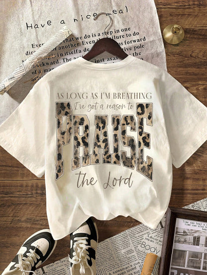 Praise The Lord Leopard Graphic T-Shirt, Christian Casual Round Neck Short Sleeve Tee For Women Summer