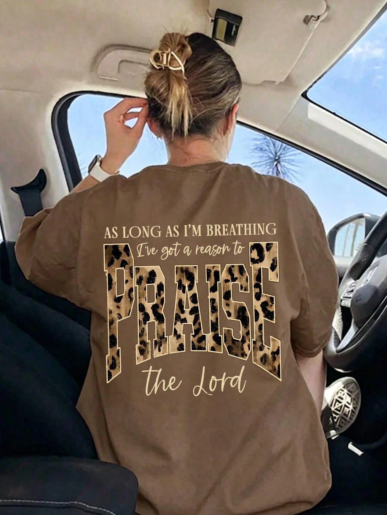 Praise The Lord Leopard Graphic T-Shirt, Christian Casual Round Neck Short Sleeve Tee For Women Summer