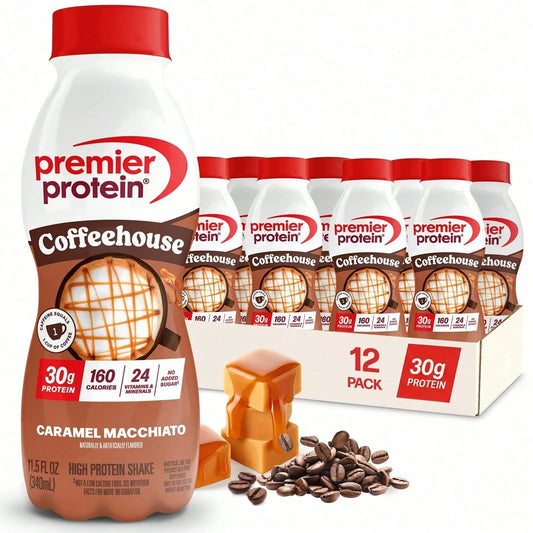 Premier Protein COFFEEHOUSE Caramel Macchiato Protein Shake With Caffeine For Energy – 30g Protein, No Added Sugar, 24 Vitamins & Minerals, 11.5 Fl Oz, 12 Pack