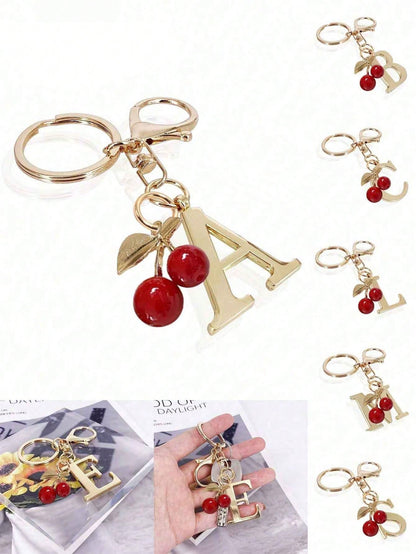 Premium Elegant Gold Letter Keychain, A-Z 3D Letter Pendant, Cherry Ornament, Fashionable Alloy Keychain, Bag/Backpack Hanging Decoration, Car Key Chain, Perfect Daily Accessory For Women, Couples Gif