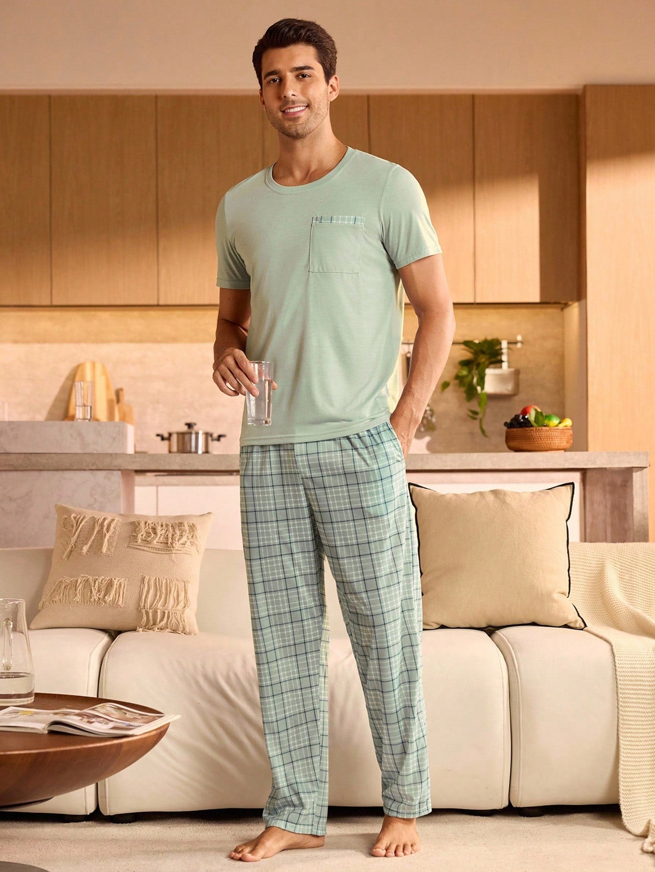 Provexi Men's Pocket Crew Neck Short Sleeve Top And Plaid Pants Pajama Set Men Lounge Set Men Pjs Set
