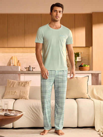 Provexi Men's Pocket Crew Neck Short Sleeve Top And Plaid Pants Pajama Set Men Lounge Set Men Pjs Set