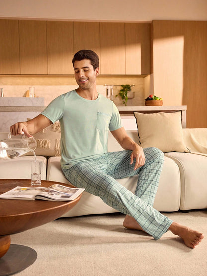 Provexi Men's Pocket Crew Neck Short Sleeve Top And Plaid Pants Pajama Set Men Lounge Set Men Pjs Set