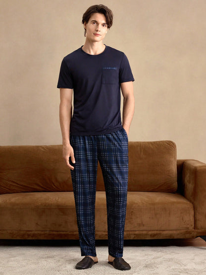 Provexi Men's Pocket Crew Neck Short Sleeve Top And Plaid Pants Pajama Set Men Lounge Set Men Pjs Set
