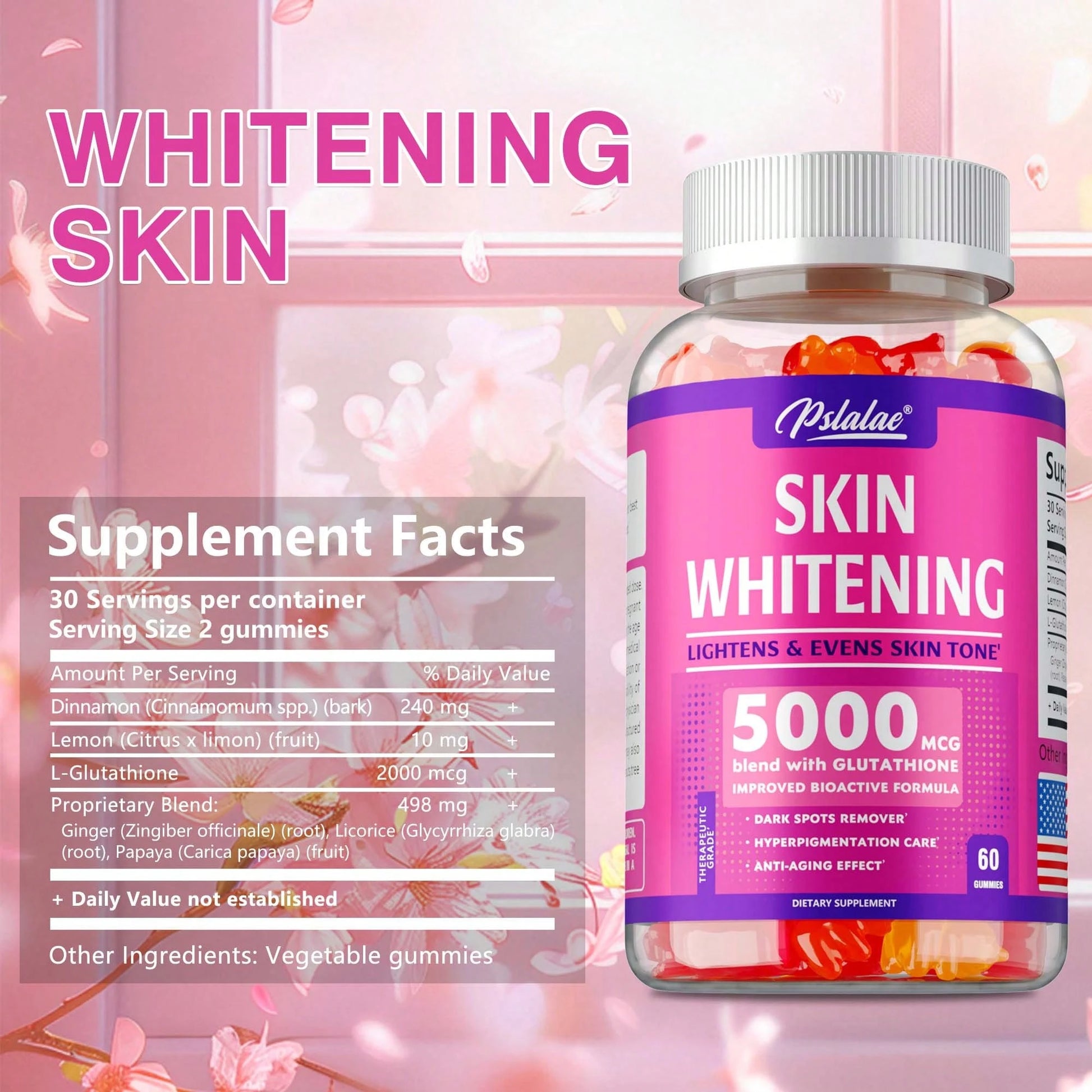 PSLALAE Skin Whitening- With L-Glutathione, Skin Lightening Supplement, Dark Spots, Anti-Aging & Antioxidant- 60pcs