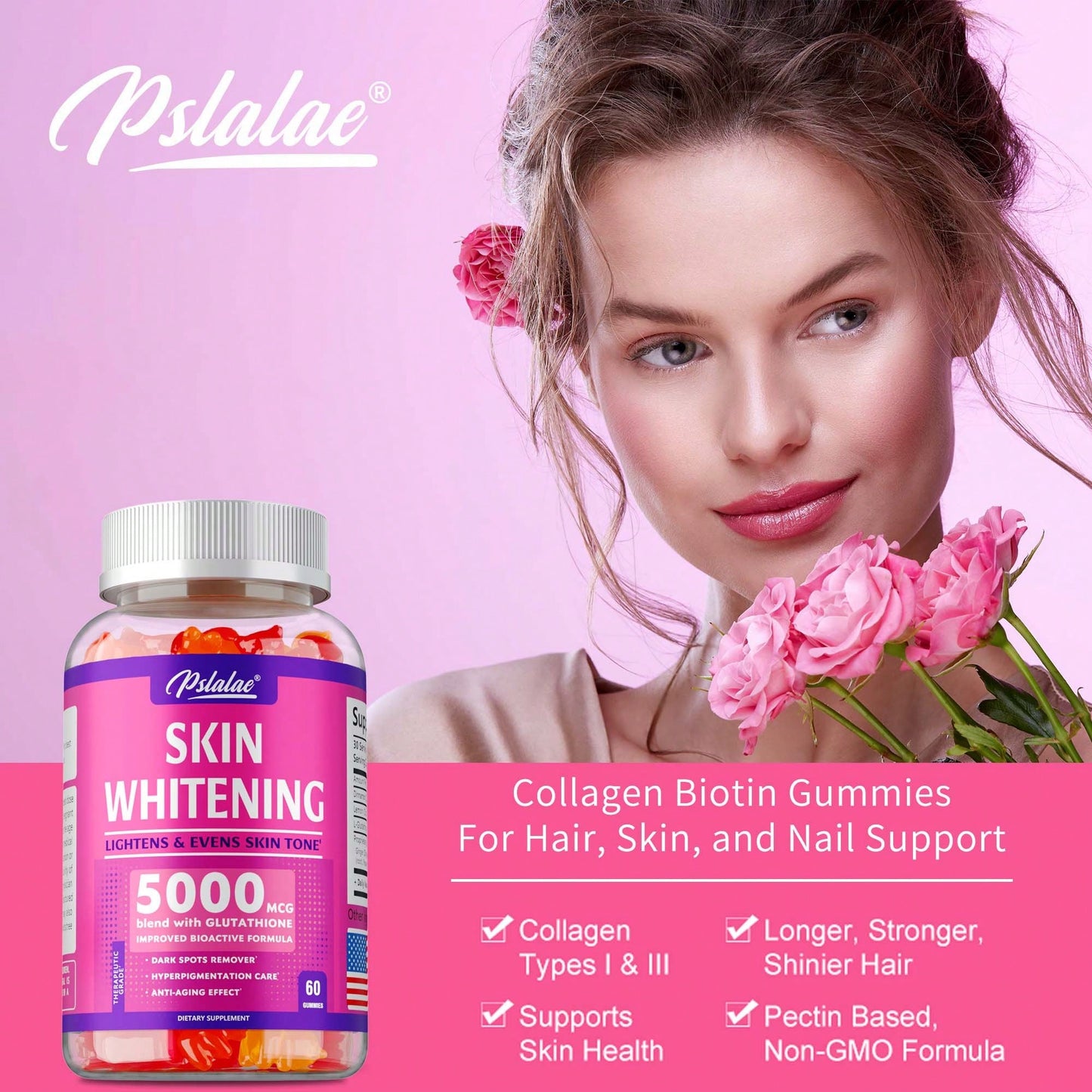 PSLALAE Skin Whitening- With L-Glutathione, Skin Lightening Supplement, Dark Spots, Anti-Aging & Antioxidant- 60pcs