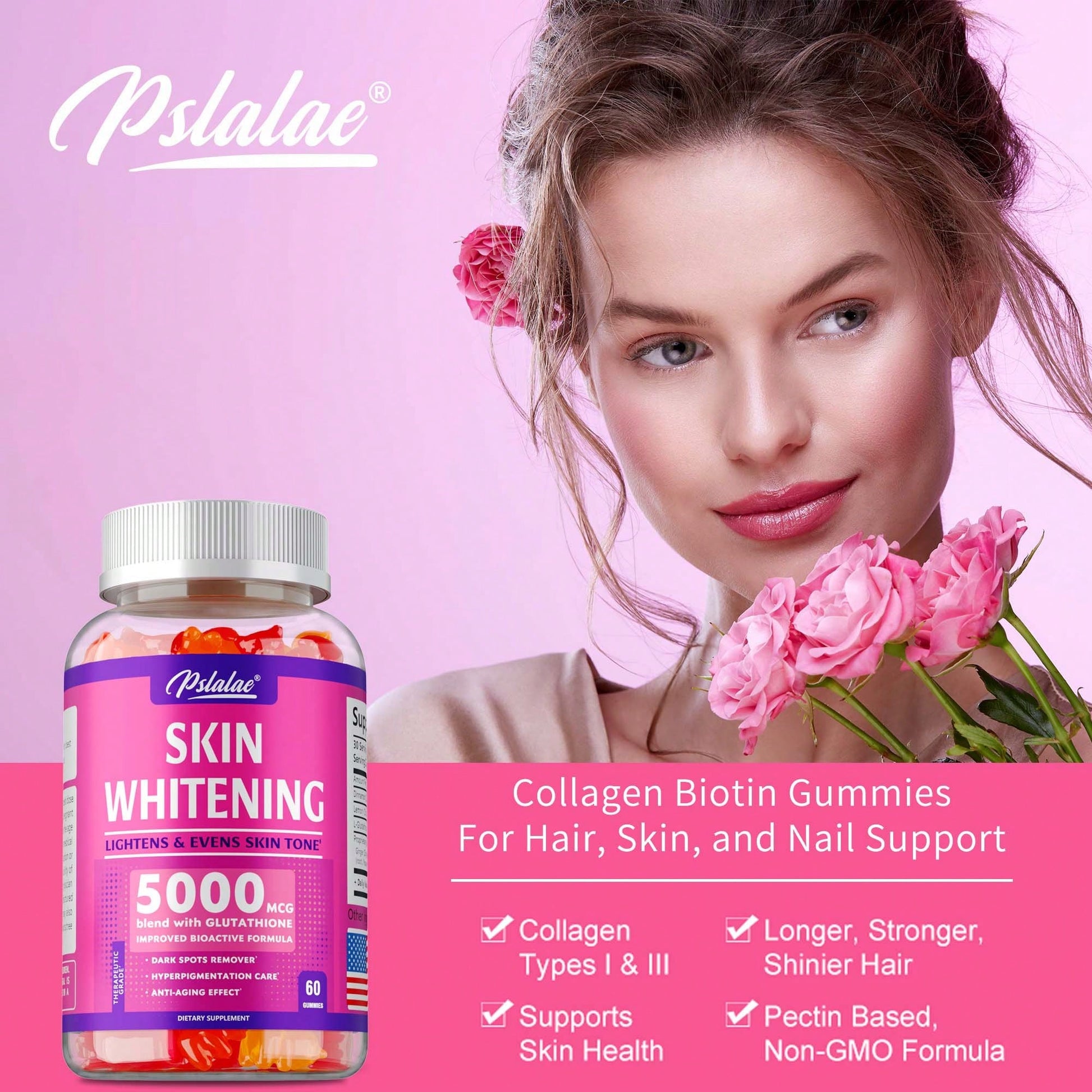 PSLALAE Skin Whitening- With L-Glutathione, Skin Lightening Supplement, Dark Spots, Anti-Aging & Antioxidant- 60pcs