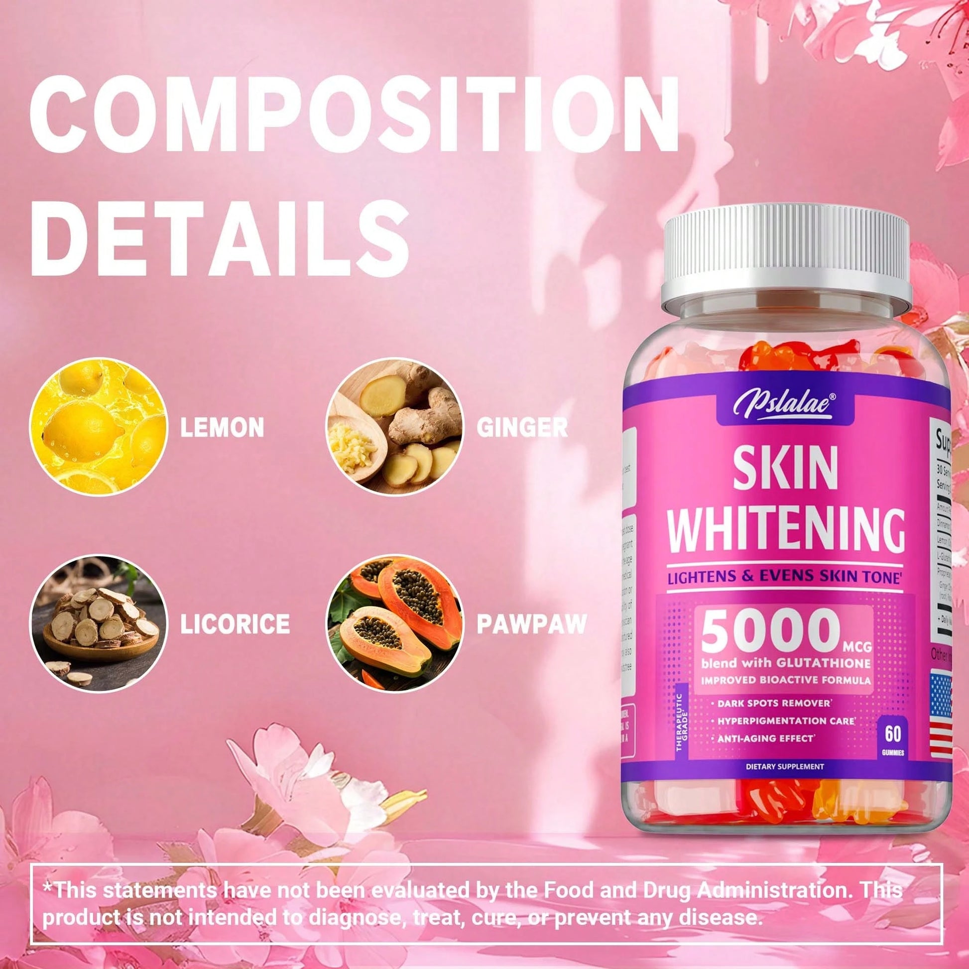 PSLALAE Skin Whitening- With L-Glutathione, Skin Lightening Supplement, Dark Spots, Anti-Aging & Antioxidant- 60pcs