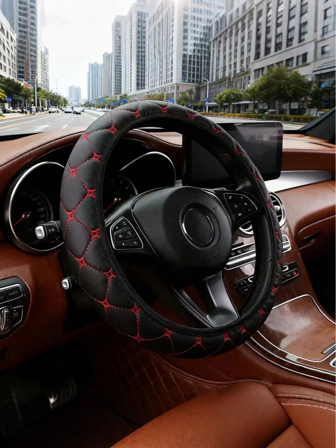 Quilted Floral Steering Wheel Cover – Year-Round Comfort Grip For Sedans, Trucks & SUVs – Luxurious Non-Slip Auto Accessory In Black And Red