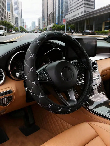 Quilted Floral Steering Wheel Cover – Year-Round Comfort Grip For Sedans, Trucks & SUVs – Luxurious Non-Slip Auto Accessory In Black And Red